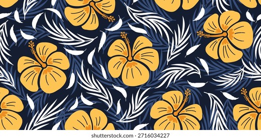 Hibiscus pattern. Botanical Seamless pattern. Exotic Hibiscus. Motif for Hawaiian shirt, Aloha shirt in summer. Beautiful yellow floral, leaf patterns blue background. hand drawn hibiscus flower.