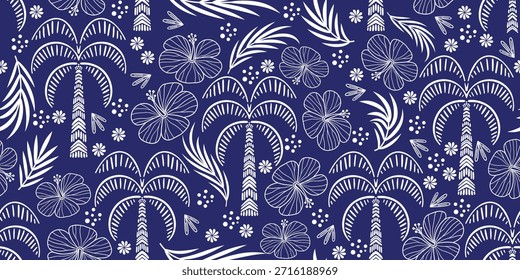 Patrón de hibisco. Patrón sin fisuras botánico. Hibisco exótico. Motivo para camisa hawaiana, camisa Aloha en verano. Hermoso coco, palmera, patrones de hojas de fondo azul. flor de hibisco dibujado a mano.
