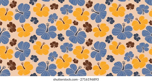 Patrón de hibisco. Patrón sin fisuras botánico. Hibisco exótico. Motivo Camisa hawaiana, camisa Aloha verano. Azul, amarillo floral, patrones de hojas, fondo. flor de hibisco dibujada a mano. Moda colorida