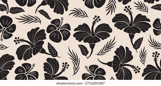 Patrón de hibisco. Patrón sin fisuras botánico. Hibisco exótico. Motivo para camisa hawaiana, camisa Aloha en verano. Hermosos patrones de hojas de palma de coco Fondo monocromo. flor de hibisco dibujada a mano. 