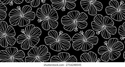 Hibiscus pattern. Botanical Seamless pattern. Exotic Hibiscus. Motif for Hawaiian shirt, Aloha shirt in summer. Beautiful floral patterns Monochrome background. hand hibiscus drawn flower.