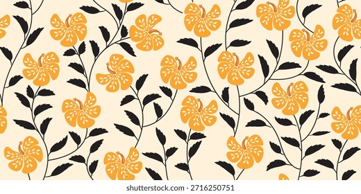 Hibiscus pattern. Botanical Seamless pattern. Exotic Hibiscus. Motif Hawaii shirt, Aloha shirt summer. Beautiful yellow floral, floral patterns, background. hand drawn hibiscus flower.Colorful fashion