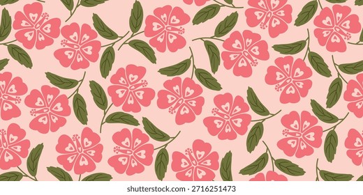 Patrón de hibisco. Patrón sin fisuras botánico. Hibisco exótico. Motivo Camisa de Hawái, camisa Aloha verano. Hermoso rosa floral, patrones florales dulces, fondo. flor de hibisco dibujado a mano. Moda rosa 