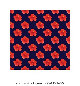 Patrón de hibisco con flores tropicales rojas sobre fondo azul oscuro