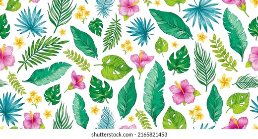 Hibiscus pattern. Seamless floral vector. Flower palm leaf background print. Hawaii jungle summer exotic wallpaper. Hawaiian plant design. Beach tropic vintage illustration. Hibiscus floral pattern