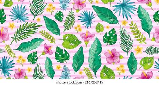 Hibiscus pattern. Seamless floral vector. Flower palm leaf background print. Hawaii jungle summer exotic wallpaper. Hawaiian plant design. Beach tropic vintage illustration. Hibiscus floral pattern