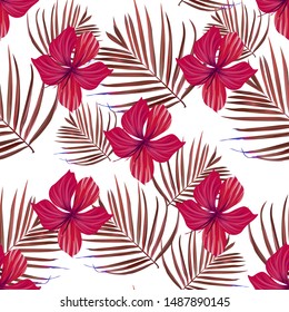 Hibiscus pattern. Tropic palm leaf. Seamless background