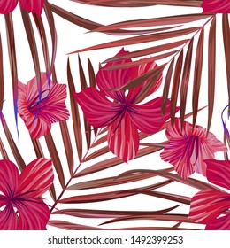 Hibiscus pattern. Tropic palm leaf. Seamless background