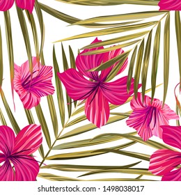Hibiscus pattern. Tropic palm leaf. Seamless background