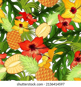 Hibiscus, Ananas, Monstera, Palmzufälle wiederholen nahtlose Muster. Exotische tropische Blumen, Blätter, Obst unregelmäßige unregelmäßige Textur. Hawaiianische Paradiespflanzen werfen Oberflächendesign auf. Unbegrenzter Hintergrund.