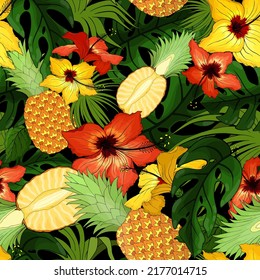 Hibiscus, pineapple, monstera, palm random repeat seamless pattern. Exotic tropical flowers, leafs, fruit irregular endless texture. Summer paradise plants chaotic surface design. Hawaiian background.