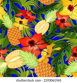 Hibiscus, pineapple, monstera, palm random repeat seamless pattern. Exotic tropical flowers, leafs, fruit irregular endless texture. Summer paradise plants surface design. Сhaotic boundless background