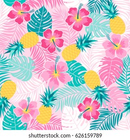 Hibiscus, pineapple and tropical leaf seamless pattern background