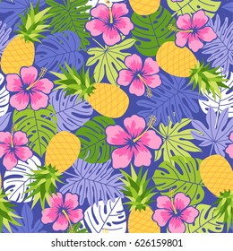 Hibiscus, pineapple and tropical leaf seamless pattern background