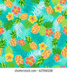 Hibiscus, pineapple and tropical leaf seamless pattern background