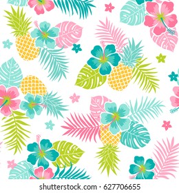 Hibiskus, Ananas und tropisches Blatt nahtloser Muster-Hintergrund