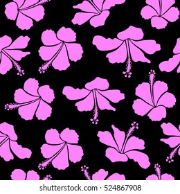 Hibiscus in pink colors on a black background. Aloha hawaiian shirt vector seamless pattern.