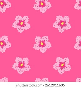 Hibiscus Pink Flower Seamless Pattern. Bright Vibrant Floral Blossom Background with hand drawn petals. Fabric print. Flat vector illustration with nature ornament