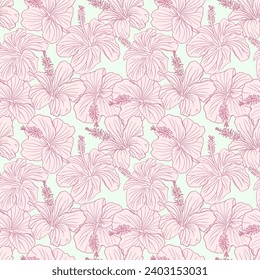 Hibiscus pink flower silhouette and line art seamless pattern for textile, fabric, wallpaper or scrapbook paper. Hand drawn floral tropical illustration, botanical greenery vector background