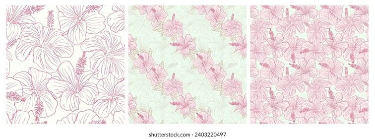 Hibiscus pink flower silhouette and line art seamless pattern set for textile, fabric, wallpaper or scrapbook paper. Hand drawn floral tropical illustration, botanical greenery vector background