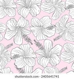 Hibiscus pink flower silhouette and line art seamless pattern for textile, fabric, wallpaper or scrapbook paper. Hand drawn floral tropical illustration, botanical greenery vector background