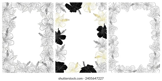 Hibiscus pink flower silhouette and line art seamless pattern for textile, fabric, wallpaper or scrapbook paper. Hand drawn floral tropical illustration, botanical greenery vector background