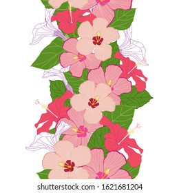 Hibiscus pink flowers vertical seamless border background