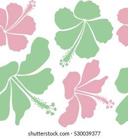 Hibiscus in pink and neutral colors on a white background. Aloha hawaiian shirt vector seamless pattern.