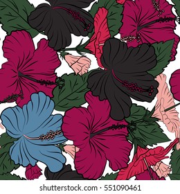 Hibiscus in pink, purple and green colors on a white background. Aloha hawaiian shirt vector seamless pattern.