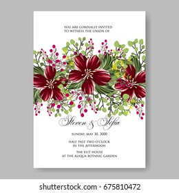 Hibiscus and pionsettia rose floral wedding invitation template Vector floral card.