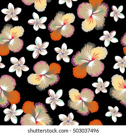 Hibiscus and plumeria flowers and buds retro vector seamless illustration on black background.