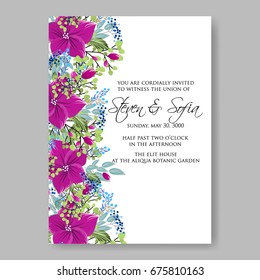 Hibiscus, poinsettia and rose floral wedding invitation template Vector floral card.