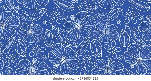 Estampado de hibisco. Patrón sin fisuras botánico. Patrón de hibisco exótico. Motivo para camisa hawaiana, camisa Aloha en verano. Hermosa floral blanca, patrones de hojas de fondo azul. flor de hibisco dibujado a mano.