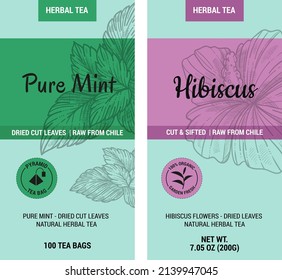 Hibiscus and pure mint dried cut leaves natural herbs tea. Labels for packages, refreshing beverage with rich flavor and taste. Antioxidants and microelements for dieting. Vector in flat style