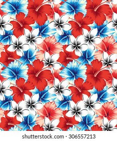 hibiscus red and blue seamless background