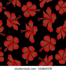 Hibiscus in red and brown colors on a black background. Aloha hawaiian shirt vector seamless pattern.