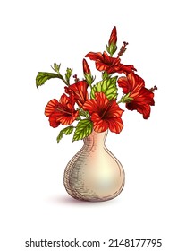 Hibiscus red flowers bouquet in vase. Vector illustration 