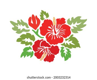 Hibiscus red flowers tropical exotic vector tattoo silhouette drawing illustration.Hawaiian floral stencil design element.Plotter laser cutting.Vinyl wall sticker decal.DIY.Cut file.Print.Green leaves