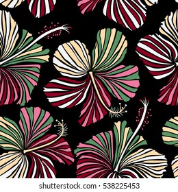 Hibiscus in red, pink and neutral colors on a black background. Aloha hawaiian shirt vector.