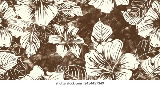 Hibiscus rosa flower and Leaves Watercolor Seamless Pattern. Branch with Leaves Ornamental Texture. Floral Seamless Stroke. Branch Background. 