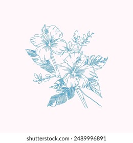 Flores tropicales de la rama del árbol de rosas del hibisco, arte abstracto del bosquejo floral, lápiz de la textura dibujado a mano, ilustración botánica