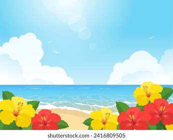 Hibiscus and sea landscape vector illustration