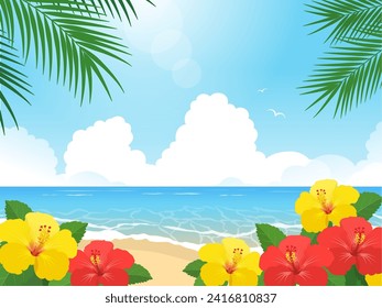 Hibiscus and sea landscape vector illustration