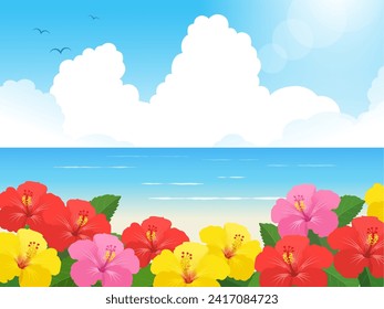 Hibiscus and sea landscape vector illustration