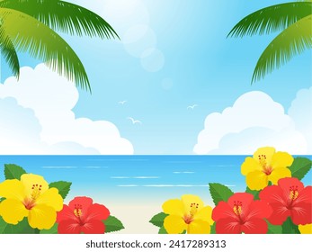 Hibiscus and sea landscape vector illustration