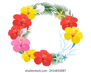 Hibiscus and sea motif wreath vector illustration