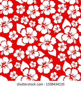 Hibiscus seamless background. Aloha Hawaiian shirt design. Vector illustration for clothing, textile in red and white colors