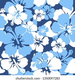 Hibiscus seamless background. Aloha Hawaiian shirt design. Vector illustration for clothing, textile in blue and white colors