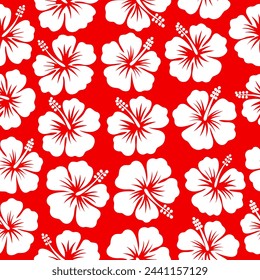 hibiscus seamless background hawaiian aloha shirt design vector illustration for clothing textiles in red and white,white hibiscus on red background