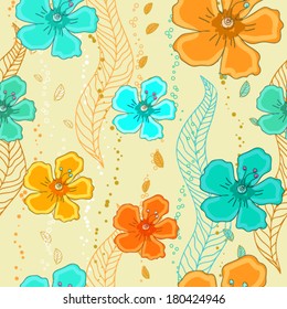 hibiscus seamless background vector,floral hand-drawing illustration. Vector illustration with hibiscus flower. Hawaii floral pattern. orange and turquoise tropical flowers.